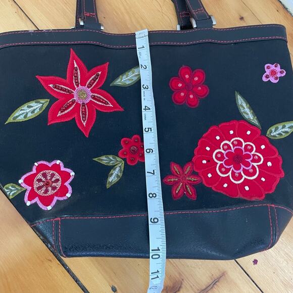 Vintage Liz Claiborne Floral Tote Bag Navy Red Embroidered Linen Cotton Boho Y2K - Picture 12 of 14